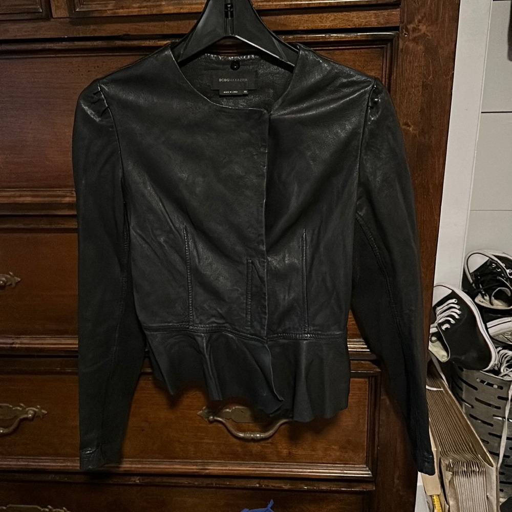 $395 BCBG MAX AZRIA MOTO JACKET WITH SOFT LEATHER, STRETCHY ARMS AND PEPLUM
